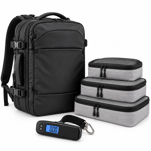 PACKWARD Cabin Travel Kit with travel backpack, compression packing cubes and digital luggage scale